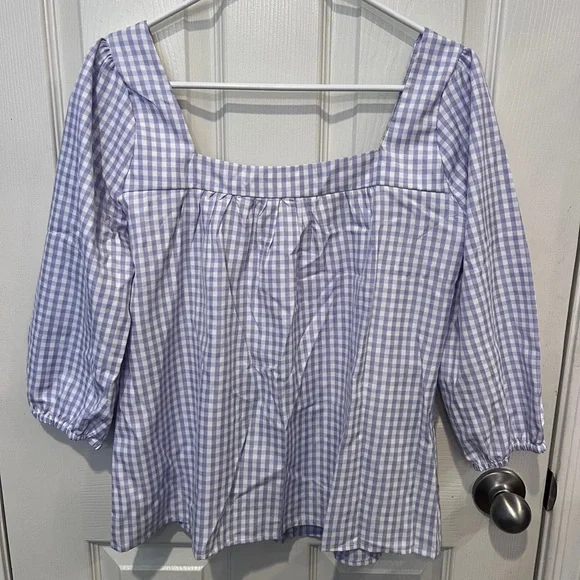 Gingham Lavender and White Blouse with Puff Sleeves cottagecore coastal cowgirl - Picture 9 of 10